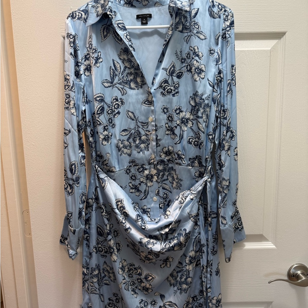 Ann Taylor Light Blue Floral Long Sleeve Dress